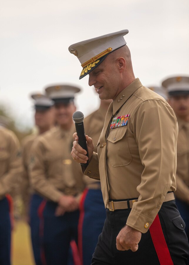 Lt. Gen. David G. Bellon, Commander, Marine Forces Reserve and Marine Forces South, speaks on the U.S. Marine Corps' 246th birthday and the dedication of ceremony staff at Marine Corps Support Facility New Orleans, La., Nov. 10, 2021. The birthday ceremony and celebration recognizes the honor, courage, and commitment of Marines from the past, present, and future. (U.S. Marine Corps photo by Cpl. Jonathan L. Gonzalez)