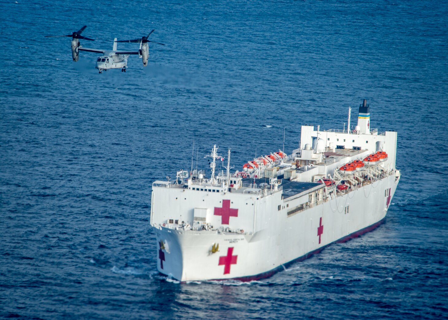 The Military Sealift Command hospital ship USNS Mercy (T-AH 19) during Mercy Exercise (MERCEX) 22-1 in the Pacific Ocean.