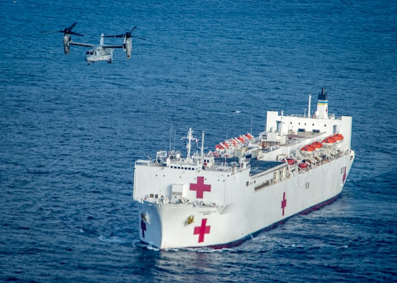 The Military Sealift Command hospital ship USNS Mercy (T-AH 19) during Mercy Exercise (MERCEX) 22-1 in the Pacific Ocean.