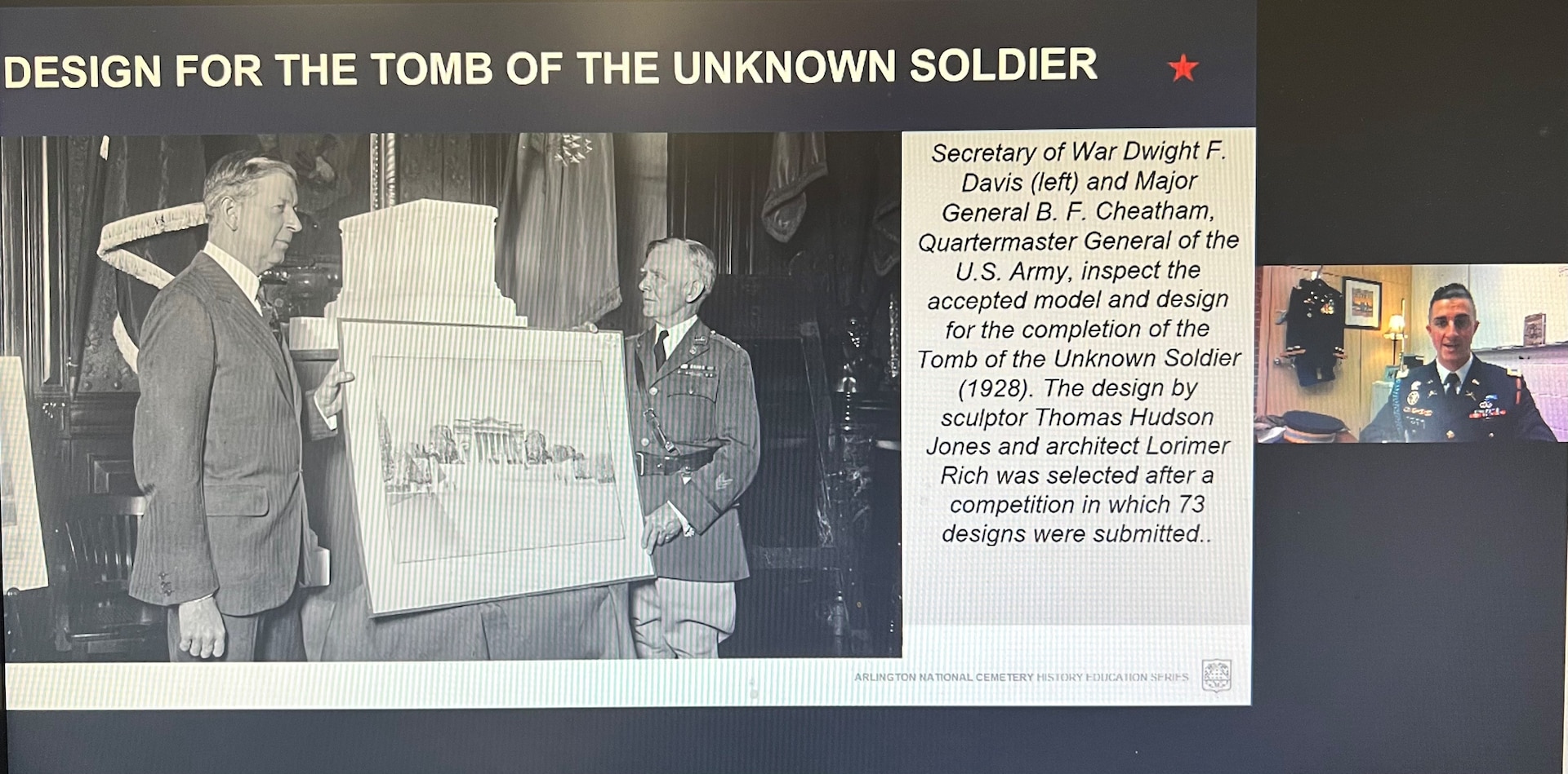 IMAGE: Army 1st Lt. Andrew Katz, commander of the guard, Tomb of the Unknown, explains the origins of the tomb to a virtual audience at a Veterans Day event. The event covered the historical significance of Veterans Day and included the origins of the Tomb of the Unknown Soldier at Arlington National Cemetery.