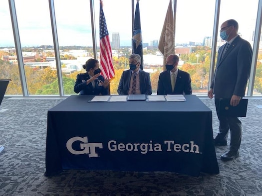 Lt. General Nina M. Armagno, U.S. Space Force director of staff, Georgia Tech Provost Steven W. McLaughlin and Georgia Tech Executive Vice President for Research Chaouki T. Abdallah participate in the signing ceremony making Georgia Tech the latest entrant into the Space Force’s University Partnership Program, Nov. 11, 2021, at Georgia Tech University in Atlanta, Georgia. (Courtesy Photo)