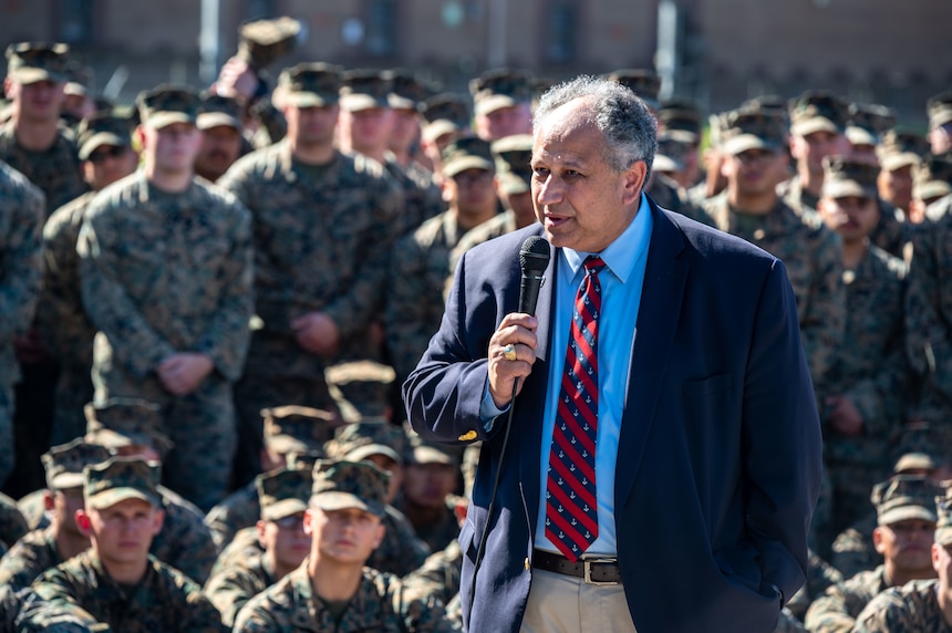 Secretary of the Navy Carlos Del Toro addresses the Marines and Sailors of 2nd Battalion, 1st Marine Regiment, 1st Marine Division, during a visit to Marine Corps Base Camp Pendleton, California, Nov. 9, 2021.