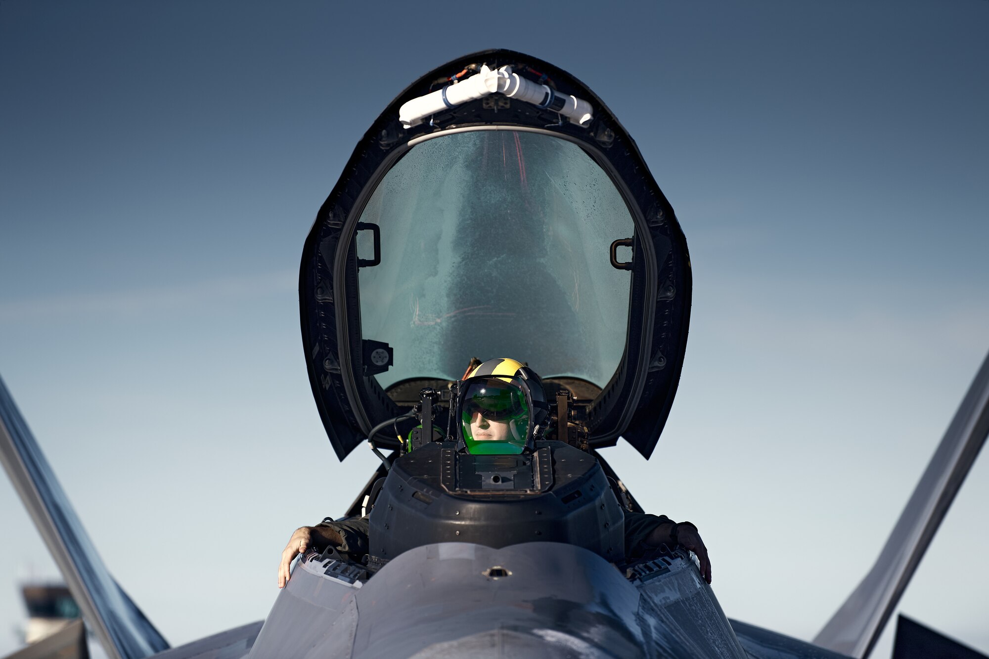 Four F-22 Raptors assigned to the 1st Fighter Wing, Joint Base Langley-Eustis, Virginia, prepare to depart to train with F-35A Lightning IIs from the 134th Fighter Squadron, Vermont Air National Guard at the South Burlington Air National Guard Base.