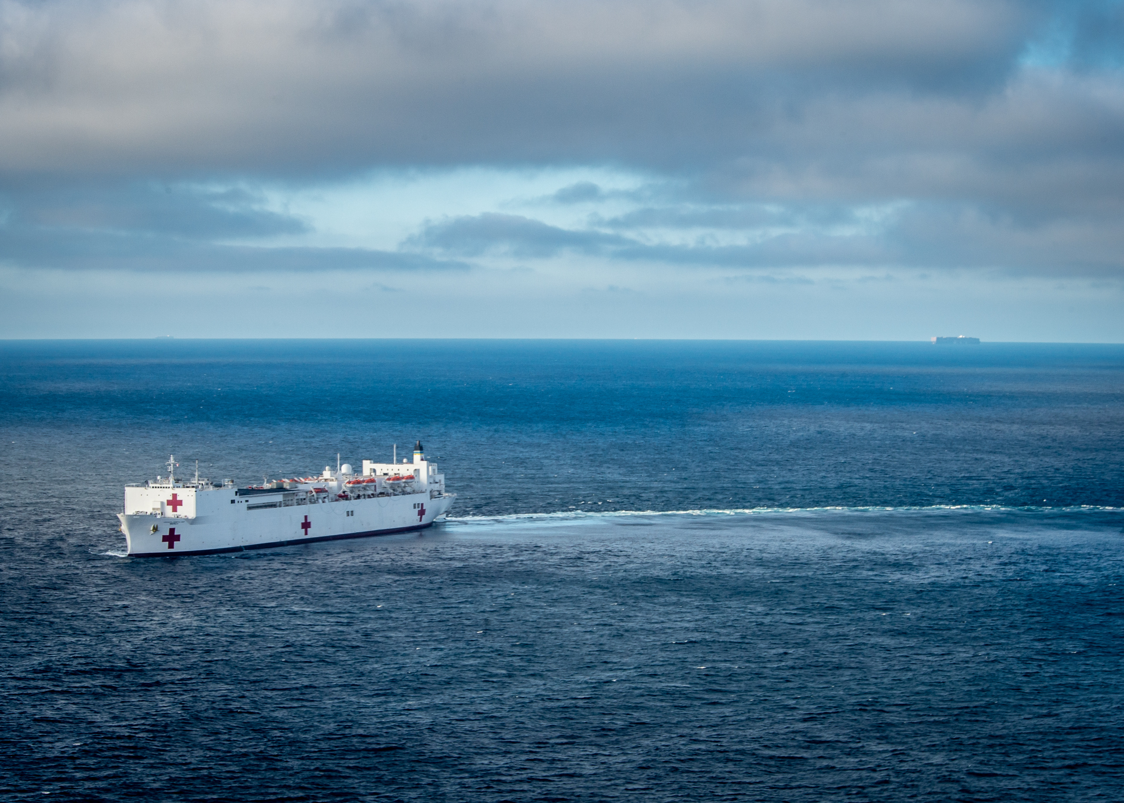 The Military Sealift Command (MSC) hospital ship USNS Mercy (T-AH 19) transits the Pacific Ocean during Mercy Exercise (MERCEX) 22-1.