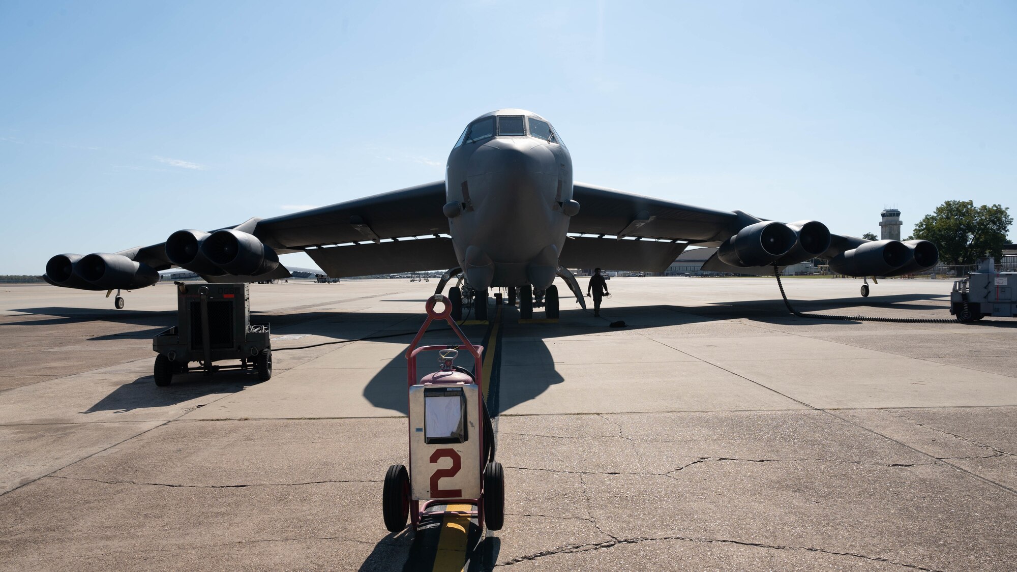 Airman 1st Class Noah Maurer, 2nd Aircraft Maintenance Squadron crew chief, performs pre-flight checks on a B-52 Stratofortress during Global Thunder 22 at Barksdale Air Force Base, Louisiana, Nov. 2, 2021.