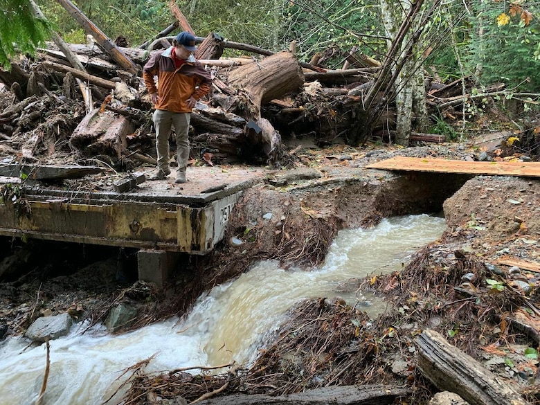 Photo showing rivers cleared of debris and logs above a bridge in Skagit County to improve access and mitigate against creek bank erosion.