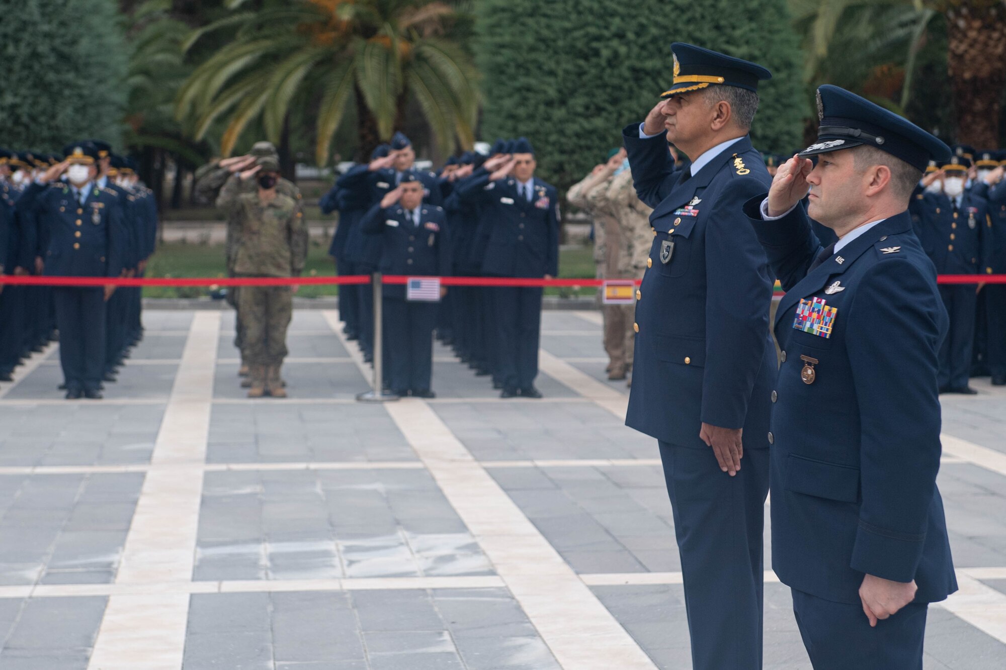 U.S. Air Force and Turkish Air Force leadership salute during Atatürk Memorial Day ceremony