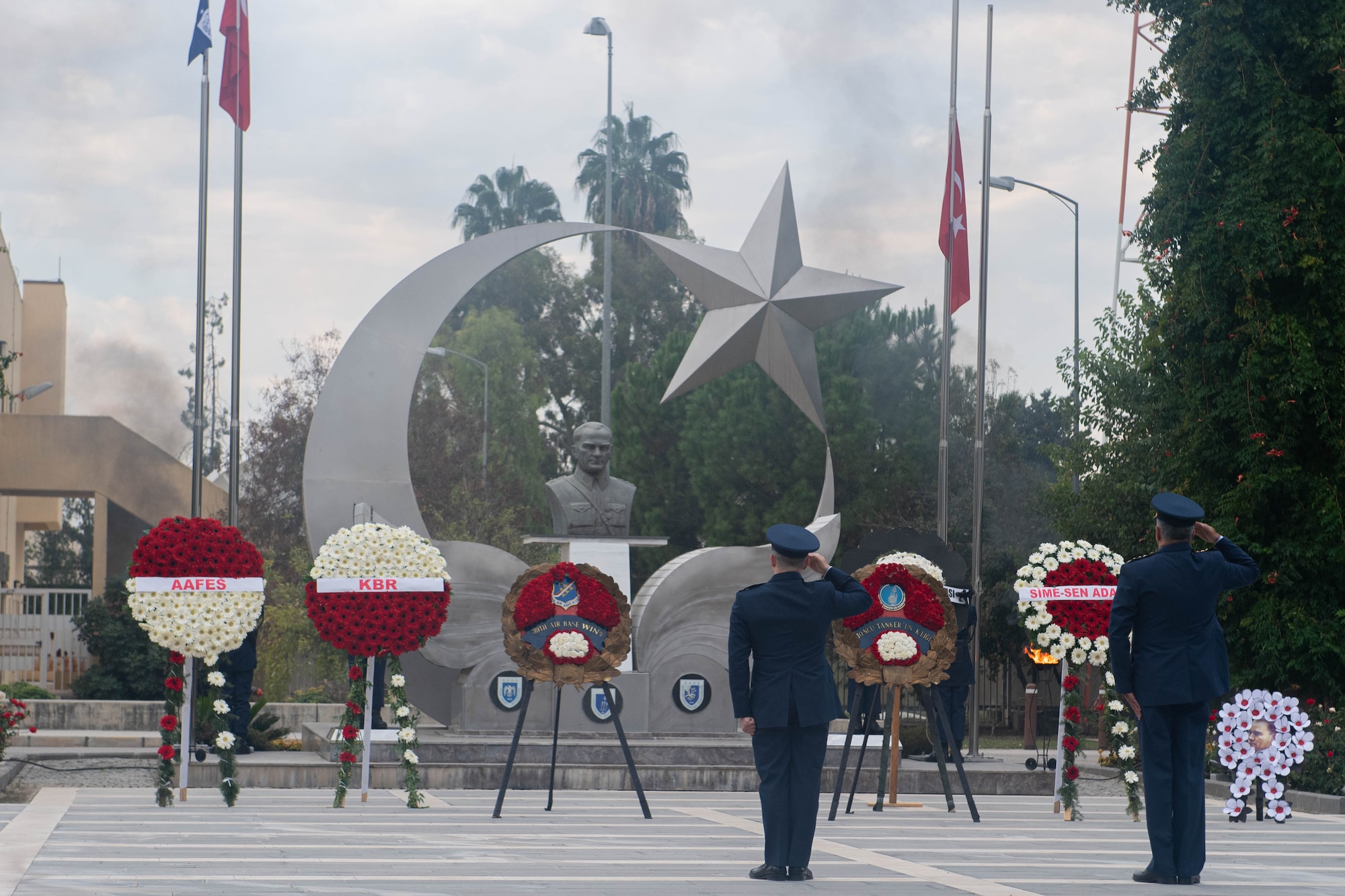 U.S. Air Force and Turkish Air Force salute during Atatürk Memorial Day ceremony