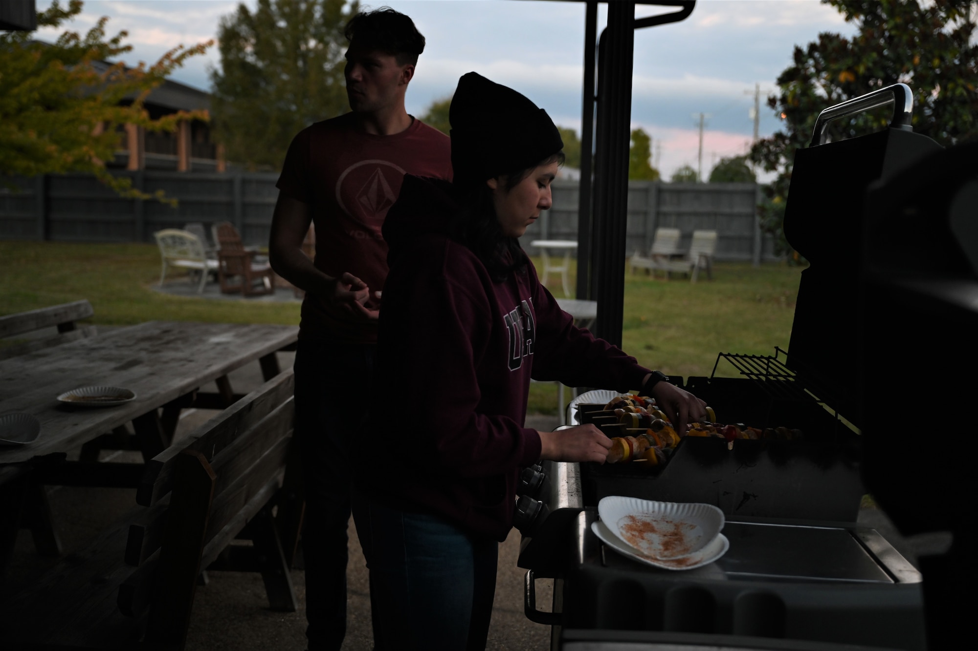 U.S. Air Force Airman 1st Class Evelyn Maryorquin, 48th Flying Training Squadron Aviation Resource Management apprentice, places a kabob on the grill, during a cooking class, Nov. 5, 2021, on Columbus Air Force Base, Miss. The class was a part of a cooking series for Airmen to get the chance to learn how to cook varies foods. (U.S. Air Force photo by Airman 1st Class Jessica Haynie)