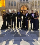 From left, Falicia Ramos, Chief Warrant Officer 2 Irvin Hernandez, Chief Warrant Officer 2 Bradley Hlebain, Chief Warrant Officer 5 Joe Rosamond, Jill Goding, Chief Warrant Officer 5 Kipp Goding, Warrant Officer 1 Ge Xiong and Pangia Xiong in front of Guildhall in London Oct. 21, 2021. The California National Guard members received the Prince Philip Helicopter Rescue Award from the Honourable Company of Air Pilots for their actions rescuing campers and hikers from the Creek Fire in California on Labor Day weekend in 2020.