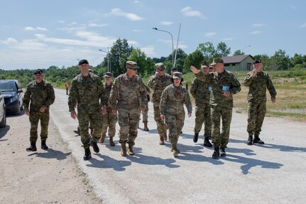 Brig. Gen. Steven Kremer, assistant adjutant general for readiness of the Iowa National Guard, and Maj. Gen. Johanna Clyborne, assistant adjutant general of the Minnesota National Guard, visit the Croatian Armed Forces Best Soldier Competition at the Eugene Kvaternik Military Training Area in Slunj, Croatia, June 16, 2021. Sgt. Jakob Ellingson, with the 114th Transportation Company, Minnesota National Guard, participated in the CAF Best Soldier Competition as part of the State Partnership Program.