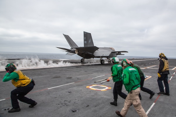 An F-35C Lightning II, assigned to Marine Wing Fighter Attack Squadron (VMFA) 314, launches from the flight deck of the aircraft carrier USS Abraham Lincoln (CVN 72).