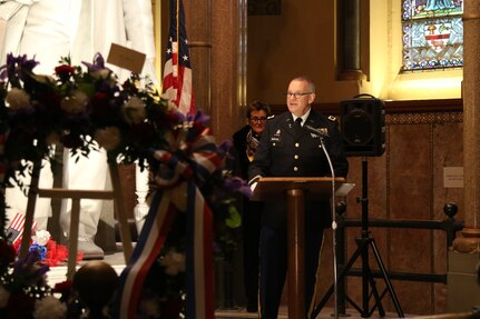 Colonel Joseph Burton, the command chaplain for the 88th Readiness Division, provides the invocation during the wreath laying ceremony honoring former President James A. Garfield, in Cleveland, Ohio, November 13, 2021. Each year, near the anniversary of Garfield's birth, Lake View Cemetery hosts a ceremony honoring the life and legacy of the man who served as president from March to September 1881.