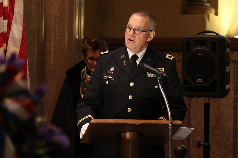 Colonel Joseph Burton, the command chaplain for the 88th Readiness Division, provides the invocation during the wreath laying ceremony honoring former President James A. Garfield, in Cleveland, Ohio, November 13, 2021. Each year, near the anniversary of Garfield's birth, Lake View Cemetery hosts a ceremony honoring the life and legacy of the man who served as president from March to September 1881.