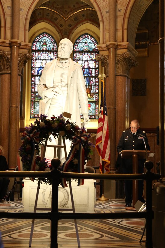 Colonel Joseph Burton, the command chaplain for the 88th Readiness Division, provides the invocation during the wreath laying ceremony honoring former President James A. Garfield, in Cleveland, Ohio, November 13, 2021. Each year, near the anniversary of Garfield's birth, Lake View Cemetery hosts a ceremony honoring the life and legacy of the man who served as president from March to September 1881.