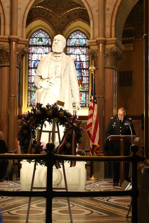 Colonel Joseph Burton, the command chaplain for the 88th Readiness Division, provides the invocation during the wreath laying ceremony honoring former President James A. Garfield, in Cleveland, Ohio, November 13, 2021. Each year, near the anniversary of Garfield's birth, Lake View Cemetery hosts a ceremony honoring the life and legacy of the man who served as president from March to September 1881.