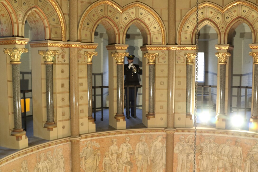 Staff Sgt. Luke Washburn, 338th Army Band, plays Taps during the ceremony honoring 20th President of the United States James A. Garfield in Cleveland, Ohio, November 13, 2021. Each year, near the former president's birthday, Lake View Cemetery hosts a ceremony to honor the life and legacy of the man who served as president from March to September 1881.