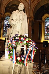 The wreath honoring 20th President of the United States James A. Garfield stands in front of the Garfield statue inside the memorial honoring him. Each year, near the anniversary of the president's birth, a ceremony is conducted to honor the life and legacy of the man who served as president from March to September of 1881.