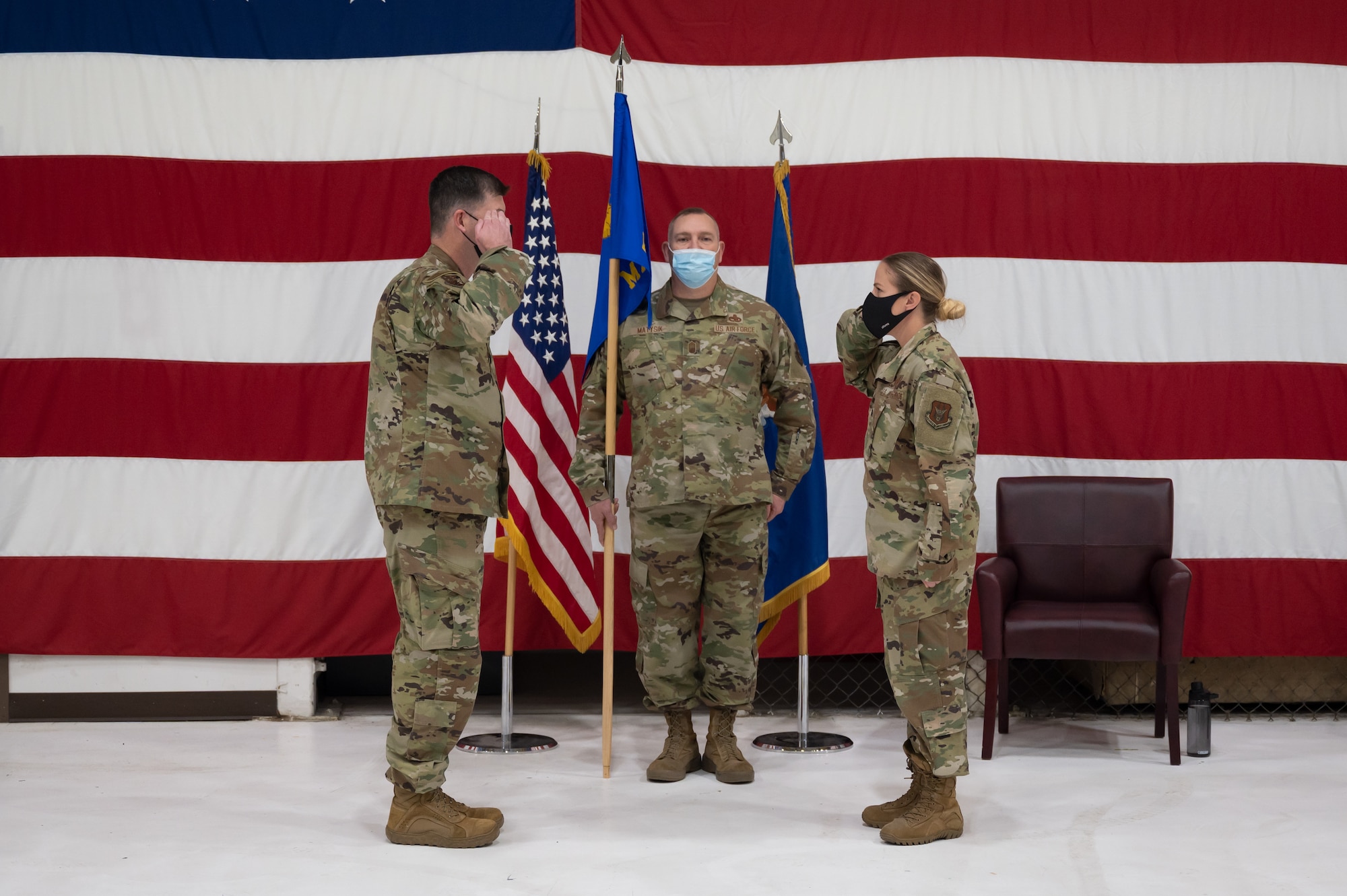 Lt. Col. Kimberly Bryant (right), the new commander of the 419th Maintenance Squadron, renders a salute to Col. Aaron Milner, 419th Maintenance Group commander, during an assumption of command ceremony Nov. 07, 2021, at Hill Air Force Base, Utah