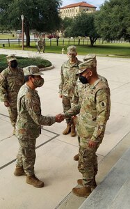 U.S. Army South Commanding General Maj. Gen. William Thigpen, right, greets Brig. Gen. Carlos E. Bojorquez, left, 1st Multipurpose Brigade Commander, Peruvian Army at the Army South headquarters to begin a Peruvian Army distinguished visit Nov. 15, 2021. The delegation will be in Texas for a week-long visit to discuss plans for future training opportunities between the two armies. Our defense partnerships are vital to security and prosperity in the hemisphere and to our collective ability to meet complex global challenges.