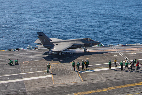 An F-35C Lightning II, assigned to Marine Wing Fighter Attack Squadron (VMFA) 314, launches from the flight deck of the aircraft carrier USS Abraham Lincoln (CVN 72).
