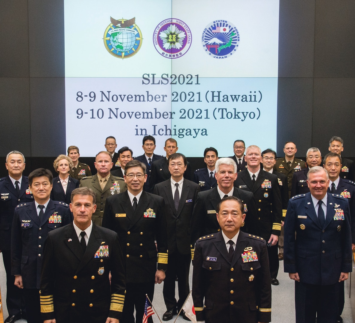 Major participants of the 11th Joint Senior Leaders Seminar, pose for a photo Nov. 10, 2021, at Tokyo, Japan. (Photo courtesy of Japan Joint Staff Public Affairs)