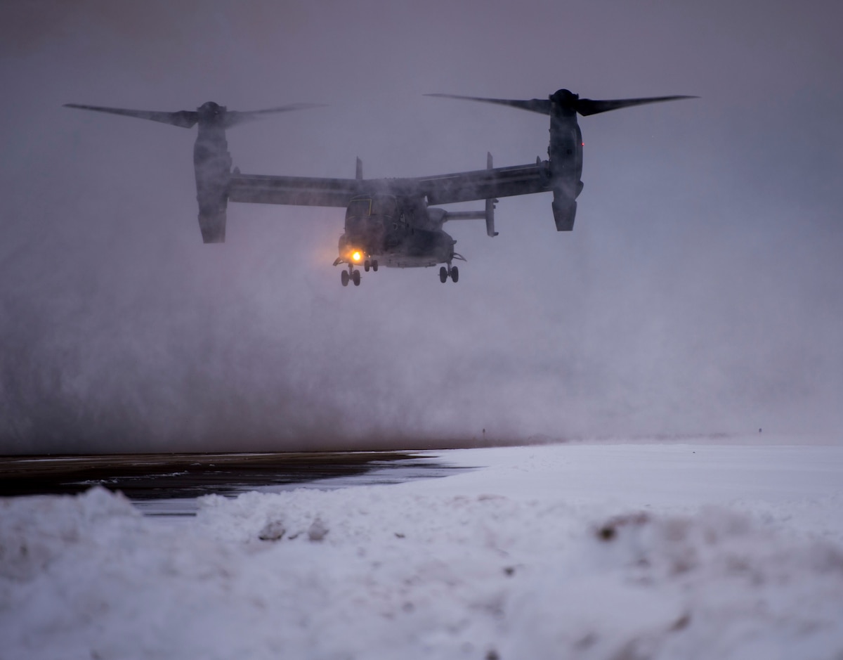 A U.S. Air Force CV-22 Osprey lands at Alpena Combat Readiness Training Center, Michigan, during Emerald Warrior 20-1, Jan. 23, 2020. Emerald Warrior 20-1 provides annual, realistic pre-deployment training encompassing multiple joint operating areas to prepare special operations forces, conventional force enablers, partner nations, and interagency elements to integrate with, and execute full spectrum special operations in an arctic climate, sharpening U.S. forces' abilities to operate around the globe. (U.S. Air Force photo by Staff Sgt. Jason Allred)