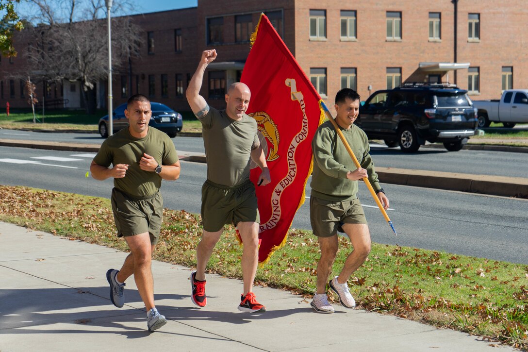 U.S. Marines with Training and Education Command conduct a Marine Corps birthday run on Marine Corps Base Quantico, Virginia, Nov. 9, 2021. Marines took turns running a mile each from 0530 Nov. 9th through 1200 Nov. 10th for a total of 246 miles. (U.S. Marine Corps Photo by Lance Cpl. Mitchell Johnson)