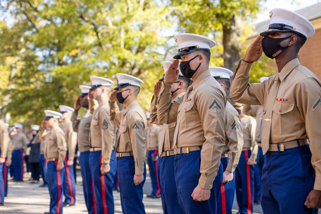 U.S. Marines attend Training and Education Command's Cake Cutting Ceremony at Yale Hall on Marine Corps Base Quantico, Virginia, Nov. 10, 2021. The attendees celebrated the 246th birthday with the reading of General John A. Lejeune’s birthday message and the traditional cake cutting ceremony. (U.S. Marine Corps photo by Sgt. Quinn Hurt)