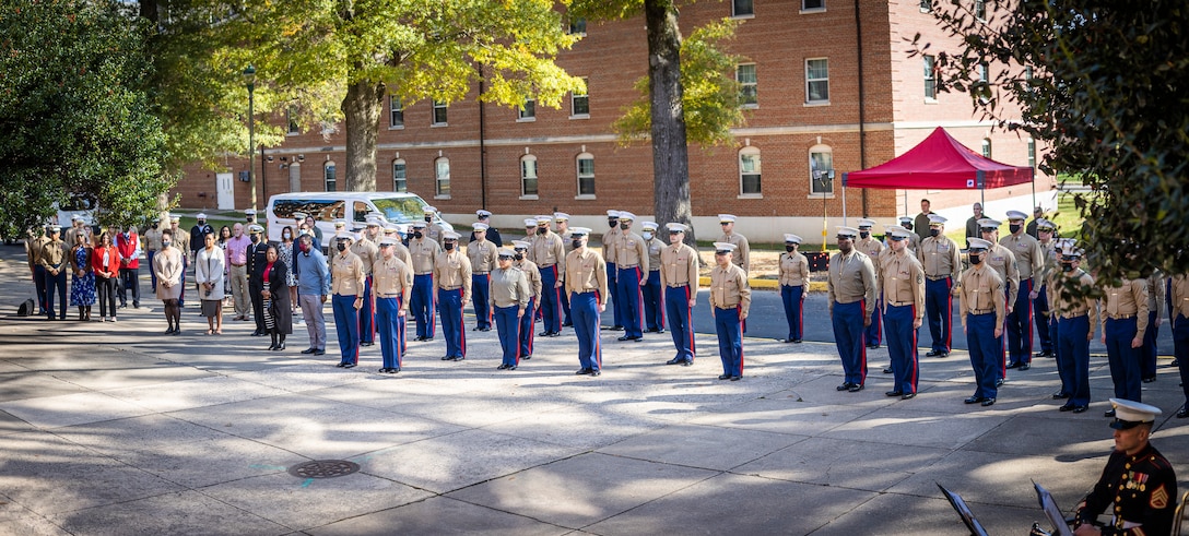 U.S. Marines attend Training and Education Command's Cake Cutting Ceremony at Yale Hall on Marine Corps Base Quantico, Virginia, Nov. 10, 2021. The attendees celebrated the 246th birthday with the reading of General John A. Lejeune’s birthday message and the traditional cake cutting ceremony. (U.S. Marine Corps photo by Sgt. Quinn Hurt)