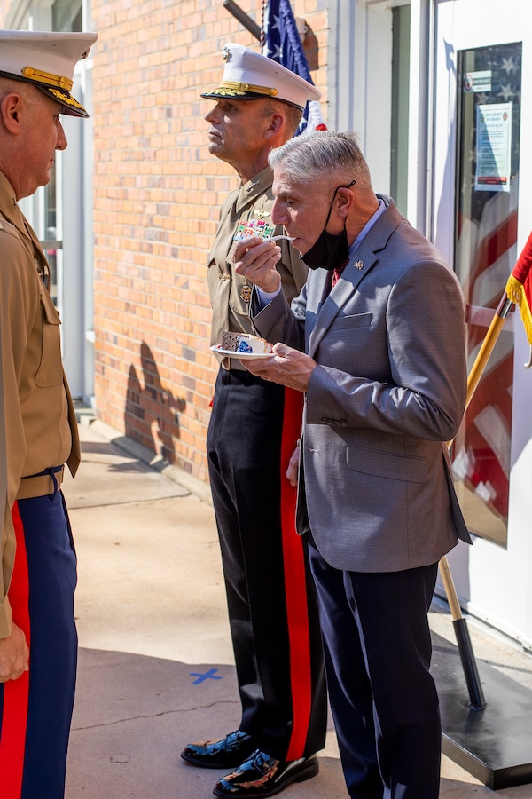 Retired U.S. Marine Corps Anthony J. Greco Jr., executive deputy, Training and Education Command (TECOM), takes a bite of cake during TECOM’s Cake Cutting Ceremony at Yale Hall on Marine Corps Base Quantico, Virginia, Nov. 10, 2021. The attendees celebrated the 246th birthday with the reading of General John A. Lejeune’s birthday message and the traditional cake cutting ceremony. (U.S. Marine Corps photo by Sgt. Quinn Hurt)