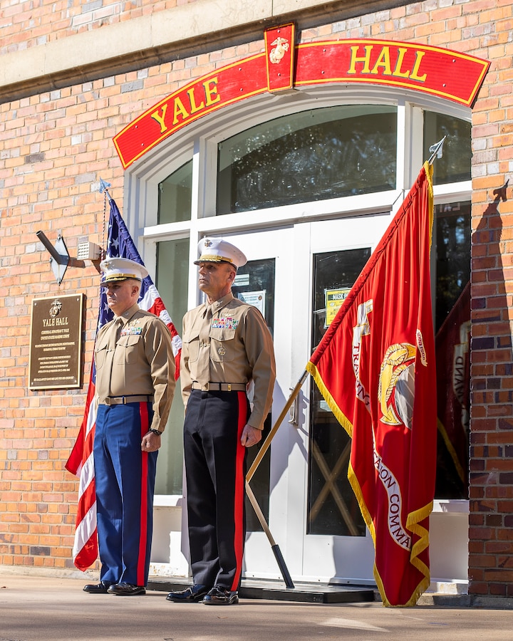 U.S. Marine Corps Col. Richard J. Schmidt, Commanding Officer, Headquarters Battalion, Training and Education Command (TECOM), and Lt. Gen. Kevin M. Iiams, Commanding General, TECOM, stand at attention during TECOM’s Cake Cutting Ceremony at Yale Hall on Marine Corps Base Quantico, Virginia, Nov. 10, 2021. The attendees celebrated the 246th birthday with the reading of General John A. Lejeune’s birthday message and the traditional cake cutting ceremony. (U.S. Marine Corps photo by Sgt. Quinn Hurt)