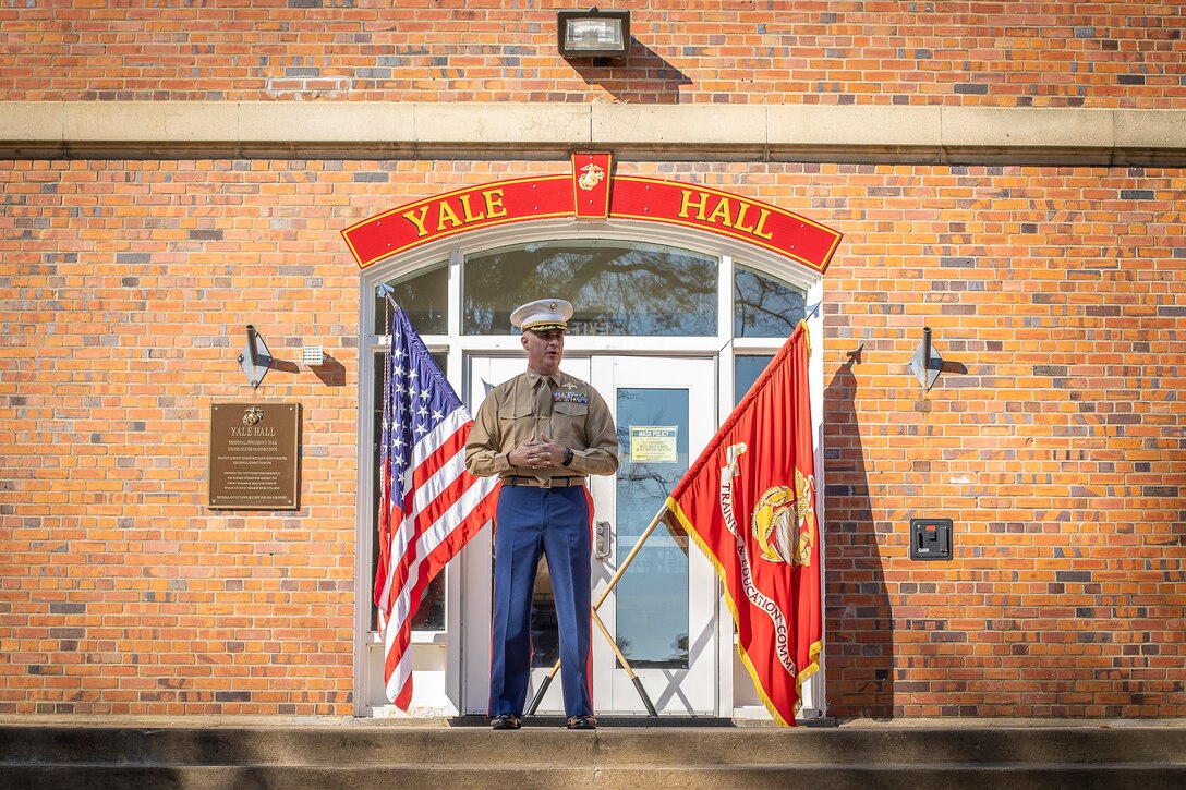U.S. Marine Corps Col. Richard J. Schmidt, Commanding Officer, Headquarters Battalion, Training and Education Command (TECOM), addresses Marines at TECOM’s Cake Cutting Ceremony at Yale Hall on Marine Corps Base Quantico, Virginia, Nov. 10, 2021. The attendees celebrated the 246th birthday with the reading of General John A. Lejeune’s birthday message and the traditional cake cutting ceremony. (U.S. Marine Corps photo by Sgt. Quinn Hurt)