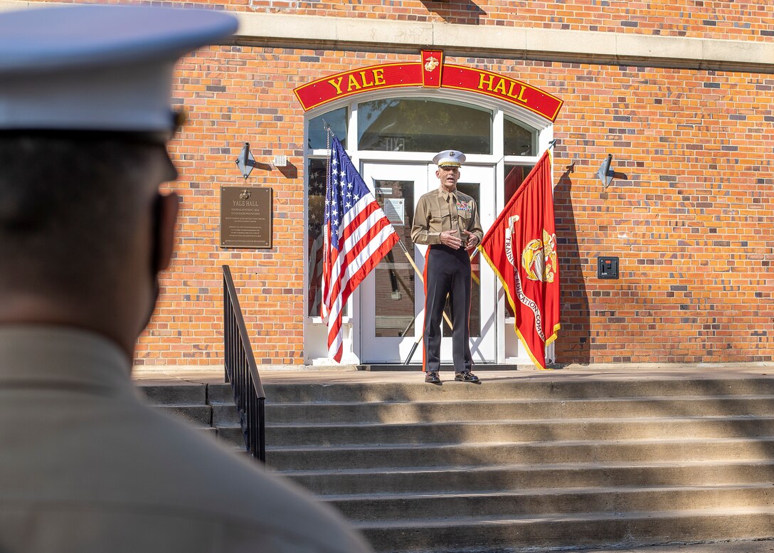 U.S. Marine Corps Lt. Gen. Kevin M. Iiams, Commanding General, Training and Education Command (TECOM), addresses Marines at TECOM’s Cake Cutting Ceremony at Yale Hall on Marine Corps Base Quantico, Virginia, Nov. 10, 2021. The attendees celebrated the 246th birthday with the reading of General John A. Lejeune’s birthday message and the traditional cake cutting ceremony. (U.S. Marine Corps photo by Sgt. Quinn Hurt)