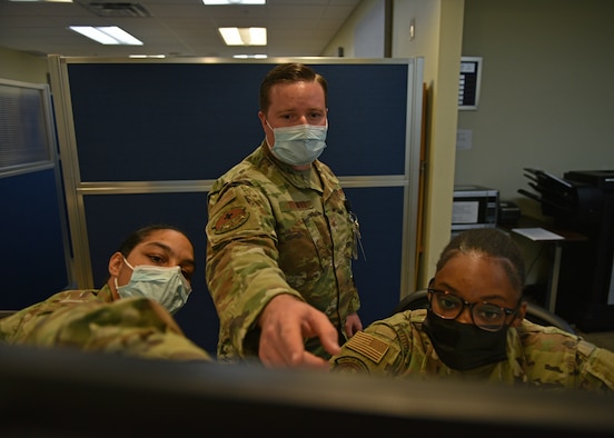U.S. Air Force Tech. Sgt. Ryan Tegtmeier, 17th Operational Medical Readiness Squadron Military Medicine Clinic flight chief, helps Airmen at the Ross Clinic on Goodfellow Air Force Base, Texas, Nov. 9. Tegtmeier sees almost 250 patients a week consisting of active duty, students, and all other uniformed personnel. (U.S. Air Force photo by Senior Airman Ashley Thrash)