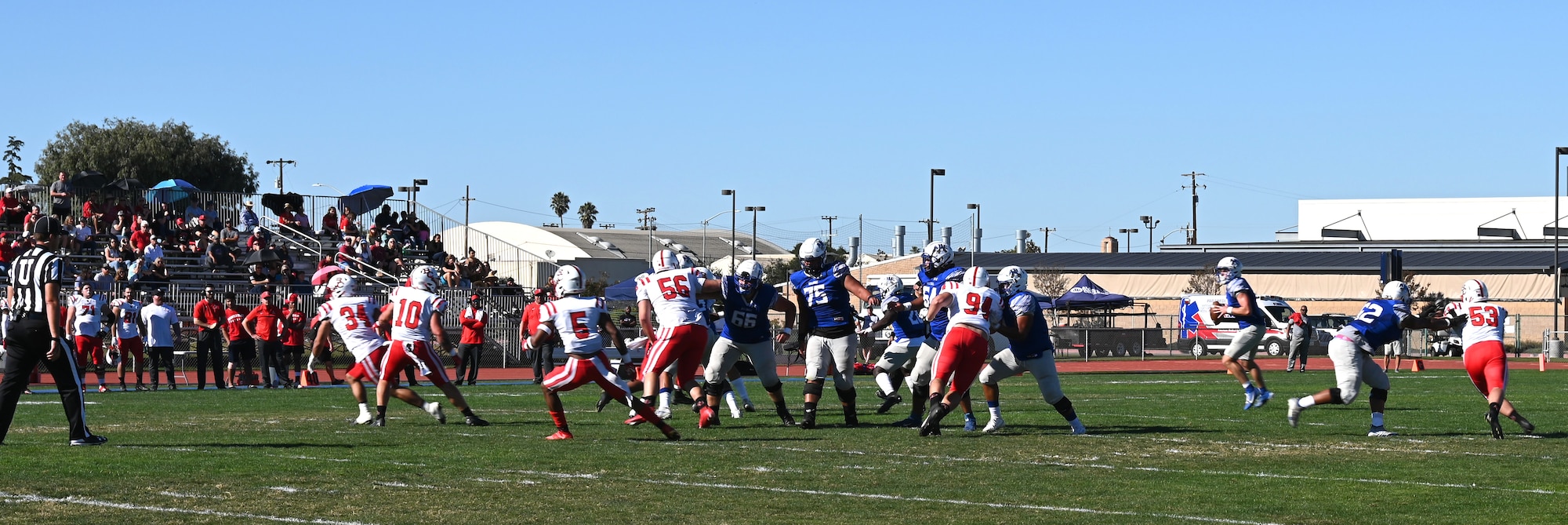 The Allan Hancock College Bulldogs plays against the Bakersfield College Renegades at Allan Hancock Stadium Nov. 13, 2021, Santa Maria, Calif. The college showed their appreciation by welcoming military members, veterans and their families to watch the football game for free. (U.S. Space Force photo by Airman First Class Tiarra Sibley)