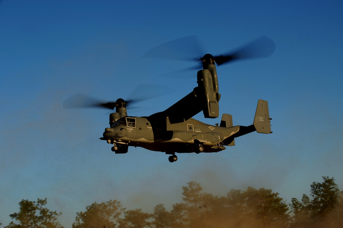 CV-22 Osprey pilot Maj. James Rowe and co-pilot Capt. Timothy Skypeck from the 8th Special Operations Squadron "Black Birds" come in for a landing, Jan. 26, during a local training mission at Hurlburt Field, Fla. The CV-22 Ospreys primary mission of the 8th SOS is insertion, extraction, and re-supply of unconventional warfare forces and equipment into hostile or enemy-controlled territory using airland or airdrop procedures.
