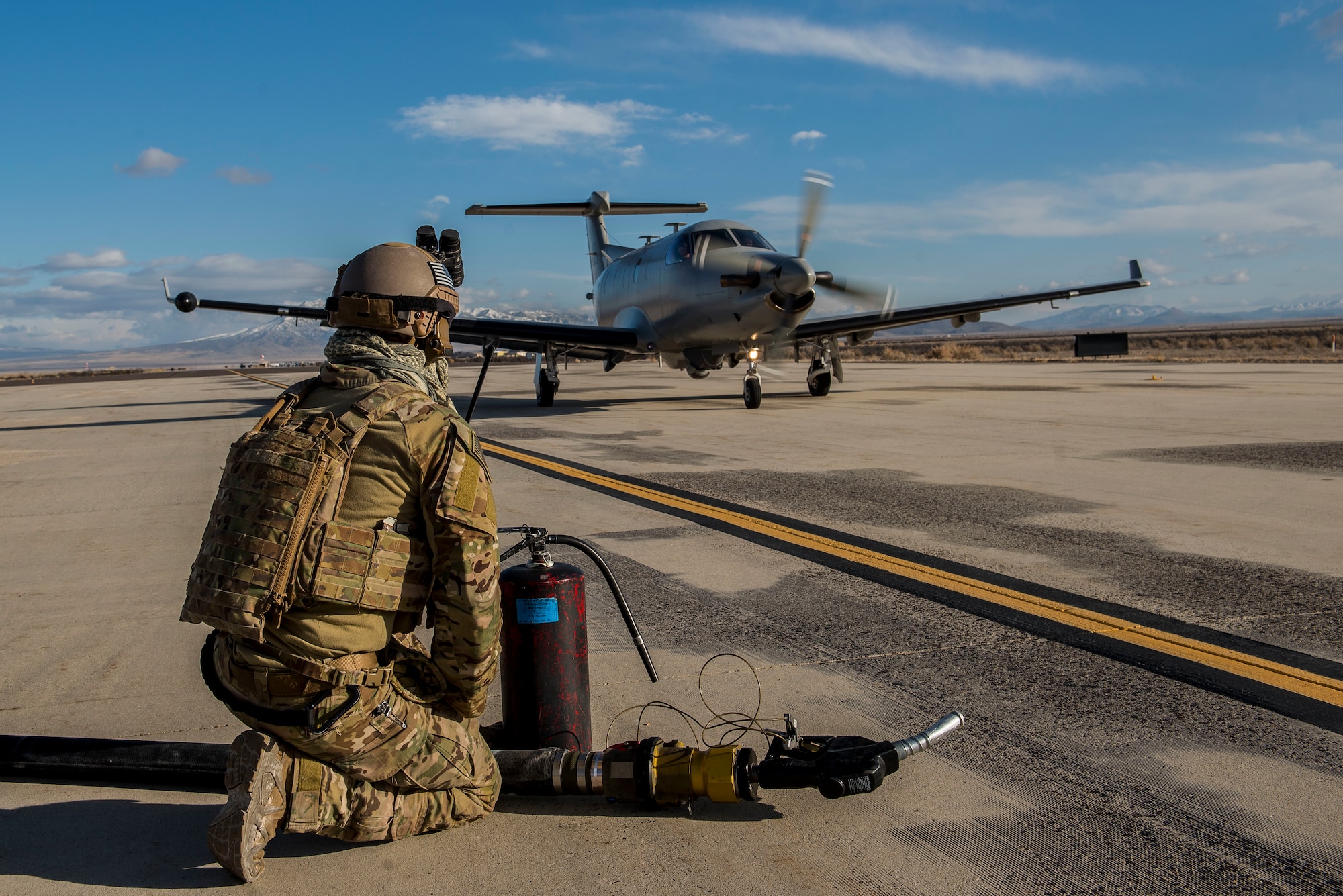 A Forward Area Refueling Point Airman assigned to the 27th Special Operations Mission Sustainment Team 1 provides perimeter security during the 27th Special Operations Wing operational readiness exercise at Dugway Proving Grounds, Utah, March 22, 2021. The Mission Sustainment Team concept provides a way forward in building small, scattered teams capable of operating independent of main operating bases. (U.S. Air Force photo by Senior Airman Vernon R. Walter III)