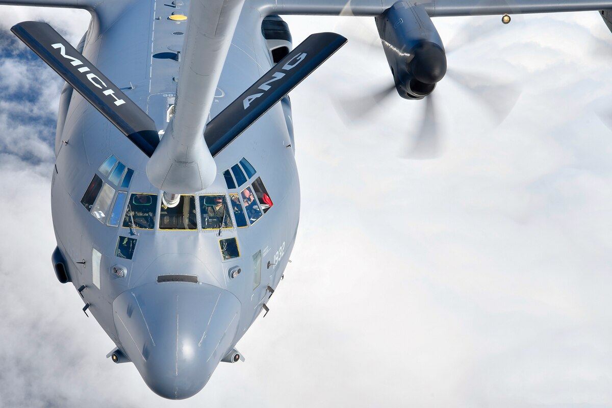 A 171st Air Refueling Squadron KC-135T on a training mission refueled an EC-130J Commando Solo from 193d Special Operations Squadron, Harrisburg Air National Guard Base, Pennsylvania, October 2, 2020.  This mission presented a unique opportunity to see a propeller-driven aircraft being refueled by jet aircraft.