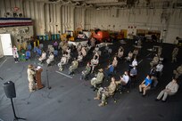 211115-N-LK647-0049 
DJIBOUTI CITY, Djibouti (Nov. 15, 2021) Maj. Cynthia Abraham, left, women service members from French, Italian, Kenyan, U.S., and Djiboutian military and coast guard during a Women, Peace, and Security conference held aboard the Expeditionary Sea Base USS Hershel "Woody" Williams (ESB 4), Nov. 15, 2021. Hershel "Woody" Williams is on a scheduled deployment in the U.S. Sixth Fleet area of operations in support of U.S. national security interests in Europe and Africa. (U.S. Navy photo by Mass Communication Specialist 3rd Class Malachi Lakey/Released)