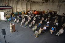 211115-N-LK647-0049 
DJIBOUTI CITY, Djibouti (Nov. 15, 2021) Maj. Cynthia Abraham, left, women service members from French, Italian, Kenyan, U.S., and Djiboutian military and coast guard during a Women, Peace, and Security conference held aboard the Expeditionary Sea Base USS Hershel "Woody" Williams (ESB 4), Nov. 15, 2021. Hershel "Woody" Williams is on a scheduled deployment in the U.S. Sixth Fleet area of operations in support of U.S. national security interests in Europe and Africa. (U.S. Navy photo by Mass Communication Specialist 3rd Class Malachi Lakey/Released)