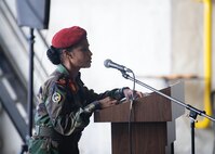 211115-N-LK647-0100 
DJIBOUTI CITY, Djibouti (Nov. 15, 2021) Djibouti Armed Forces Lt. Col. Amina Mohamed Moussa, Commander of the Army Female Battalion, addresses women service members from French, Italian, Kenyan, U.S., and Djiboutian military and coast guard as a guest speaker during a Women, Peace, and Security conference held aboard the Expeditionary Sea Base USS Hershel "Woody" Williams (ESB 4), Nov. 15, 2021. Hershel "Woody" Williams is on a scheduled deployment in the U.S. Sixth Fleet area of operations in support of U.S. national security interests in Europe and Africa. (U.S. Navy photo by Mass Communication Specialist 3rd Class Malachi Lakey/Released)