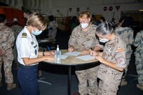 211115-N-LK647-0124 
DJIBOUTI CITY, Djibouti (Nov. 15, 2021) French Lt. Ferenc Berangere, military clerk, French Forces in Djibouti, left, Spanish Maj. Ana Maria Blazquez Barquero, Maritime Patrol Reconnaissance Aircraft (MPRA) detachment, center, and Spanish Cpl. Nelida Martin Dorta, MPRA detachment, participate in a Women, Peace, and Security conference aboard the Expeditionary Sea Base USS Hershel "Woody" Williams (ESB 4), Nov. 15, 2021. Hershel "Woody" Williams is on a scheduled deployment in the U.S. Sixth Fleet area of operations in support of U.S. national security interests in Europe and Africa. (U.S. Navy photo by Mass Communication Specialist 3rd Class Malachi Lakey/Released)