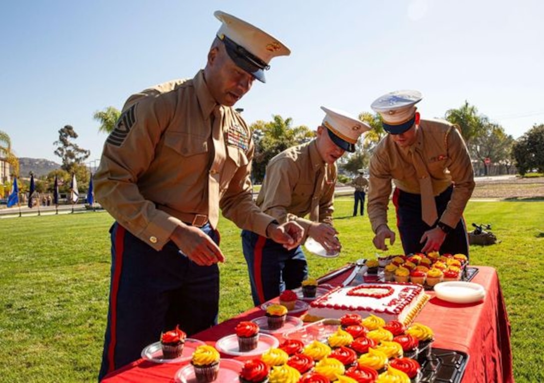 U.S. Marines and Sailors with 1st Marine Logistics Group conduct a cake cutting ceremony in lieu of the 246th Marine Corps birthday ball.
