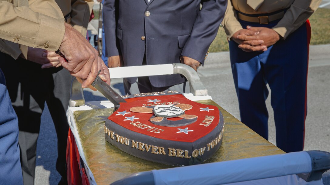 U.S. Marines with 2d Reconnaissance Battalion, 2d Marine Division, cut a birthday cake during a cake cutting ceremony in celebration of the 246th Marine Corps birthday on Camp Lejeune, N.C., Nov. 8, 2021.