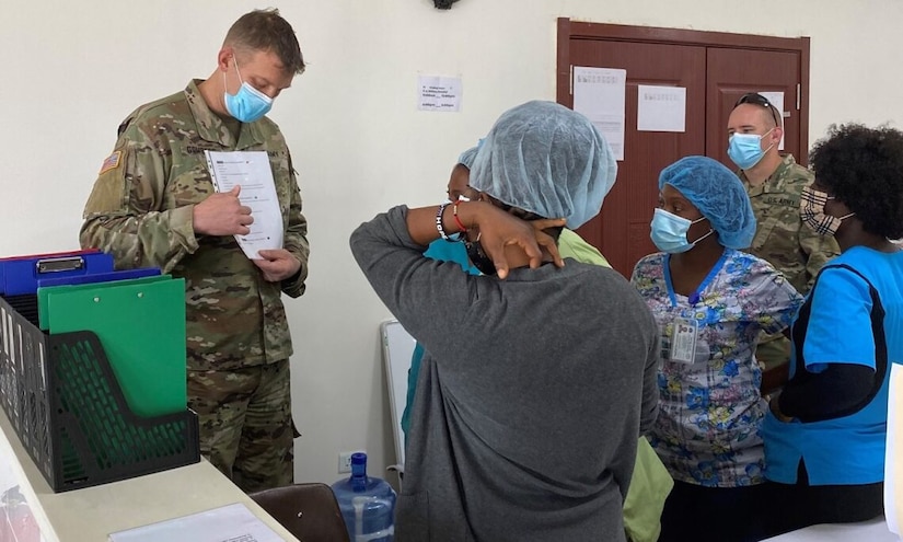 U.S. Soldier Capt. Matthew Gomberg, assigned to the Michigan National Guard, provides emergency medicine mentorship to members of the Armed Forces of Liberia (AFL) at 14 Military Hospital in Latvia. This exchange is part of the U.S. Embassy’s investment in security assistance for Liberia, helping to rebuild the AFL’s capabilities and enhance regional security. (Courtesy Photo provided by the U.S. Embassy Liberia).