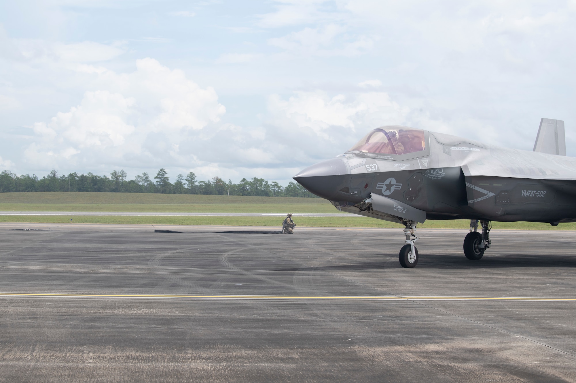 An F-35B Lightning II taxis on a runway during a forward arming and refueling point, or FARP, demonstration at Duke Field, Florida, July 21, 2021. Capabilities like FARP ensure Airmen have multiple tools to accomplish a refueling mission in any environment, no matter how austere. (U.S. Air Force photo by Staff Sgt. Janiqua P. Robinson)