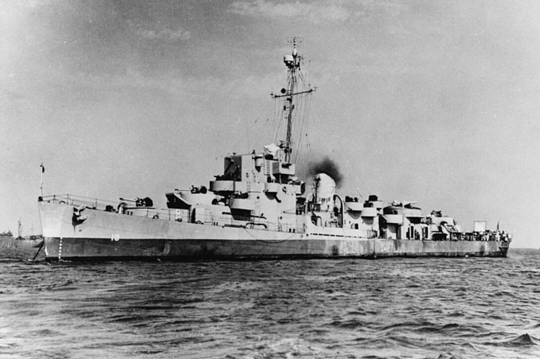 A ship floats at sea.