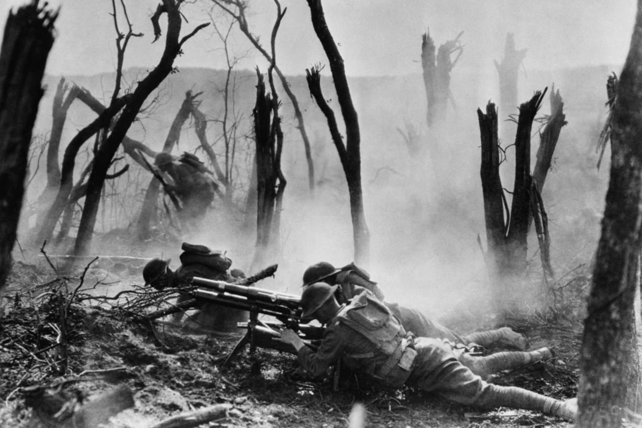 Soldiers fight in a decimated forest.