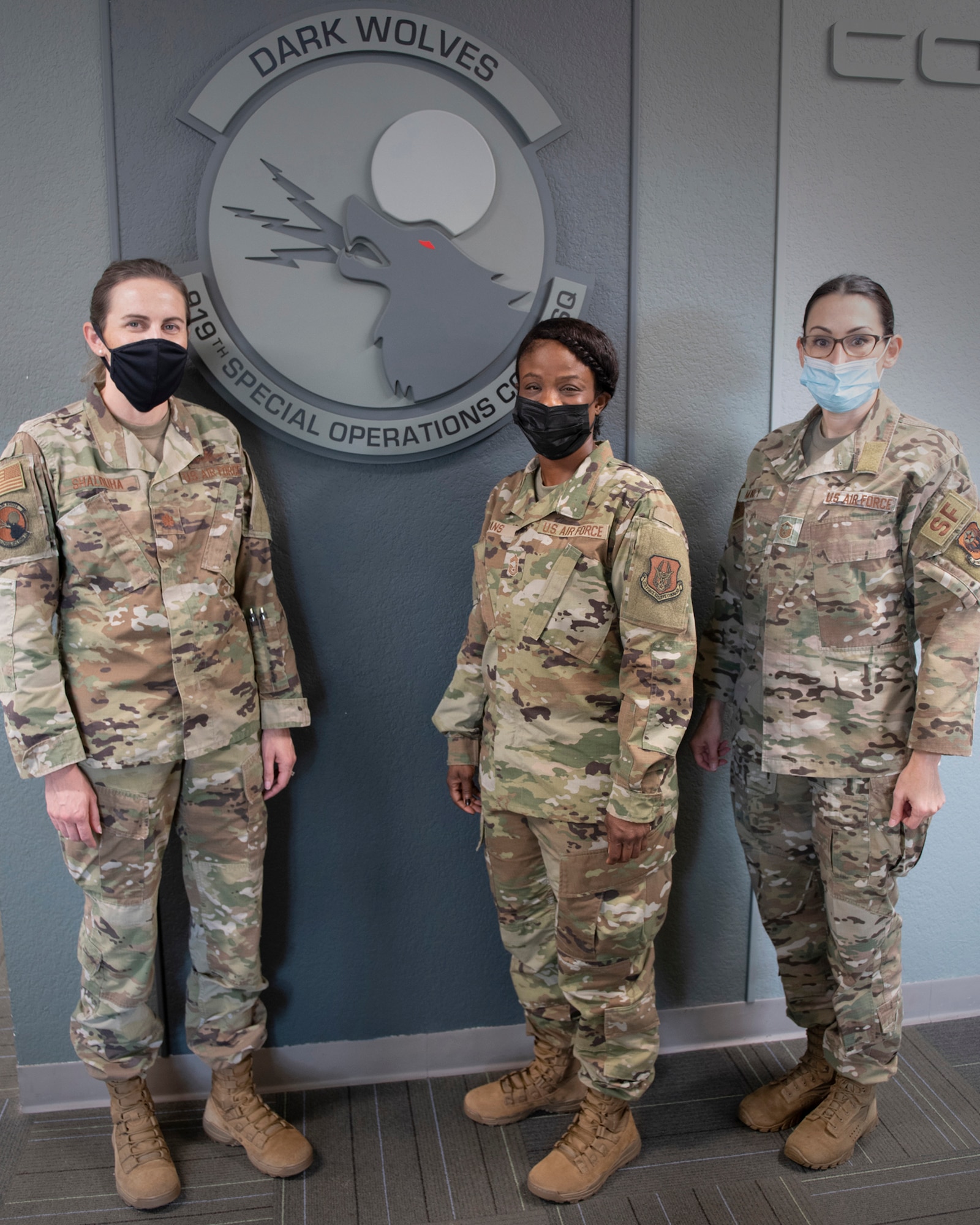 Photo of 919 SOCS Leadership standing next to their squadron emblem